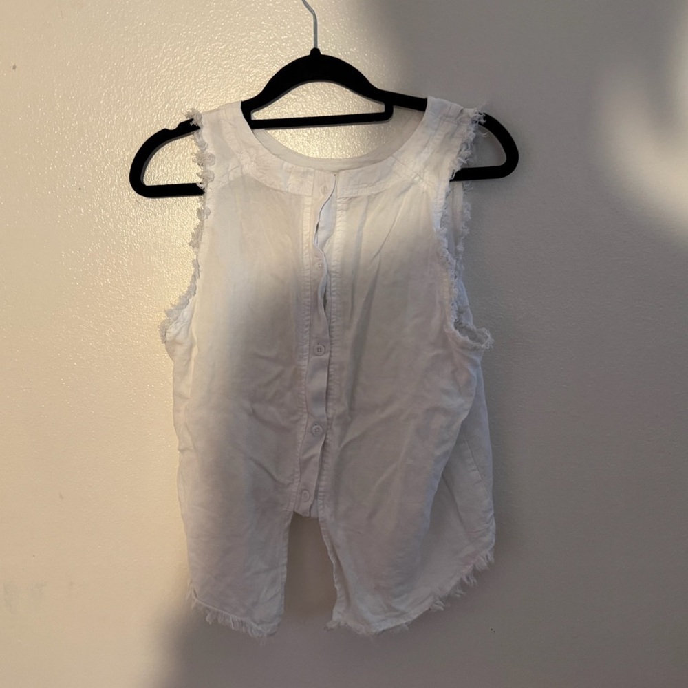 Altar’d State Sleeveless White Button-Down Top | Raw Hem Cotton Blouse